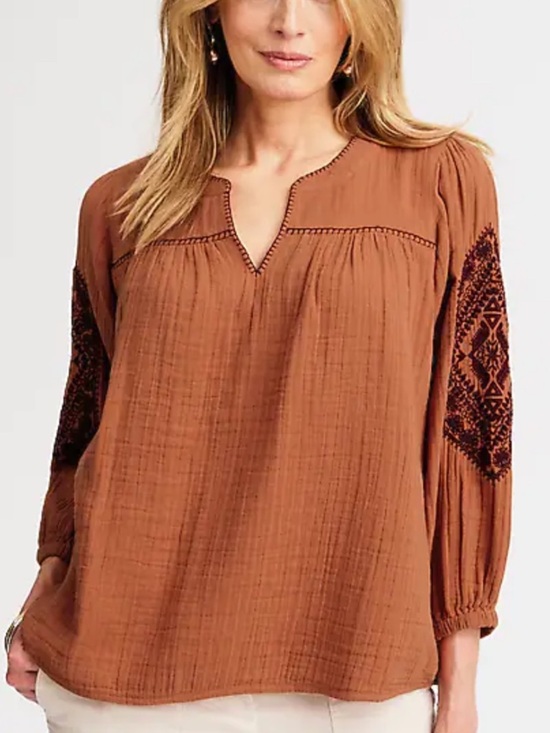 J. Jill Tops - J. Jill Terracotta Cotton Gauze Blouse with Embroidered Sleeves